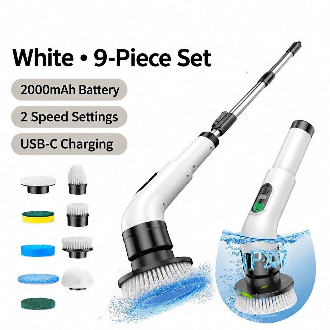 White ScrubVolt nine-piece electric spin scrubber set